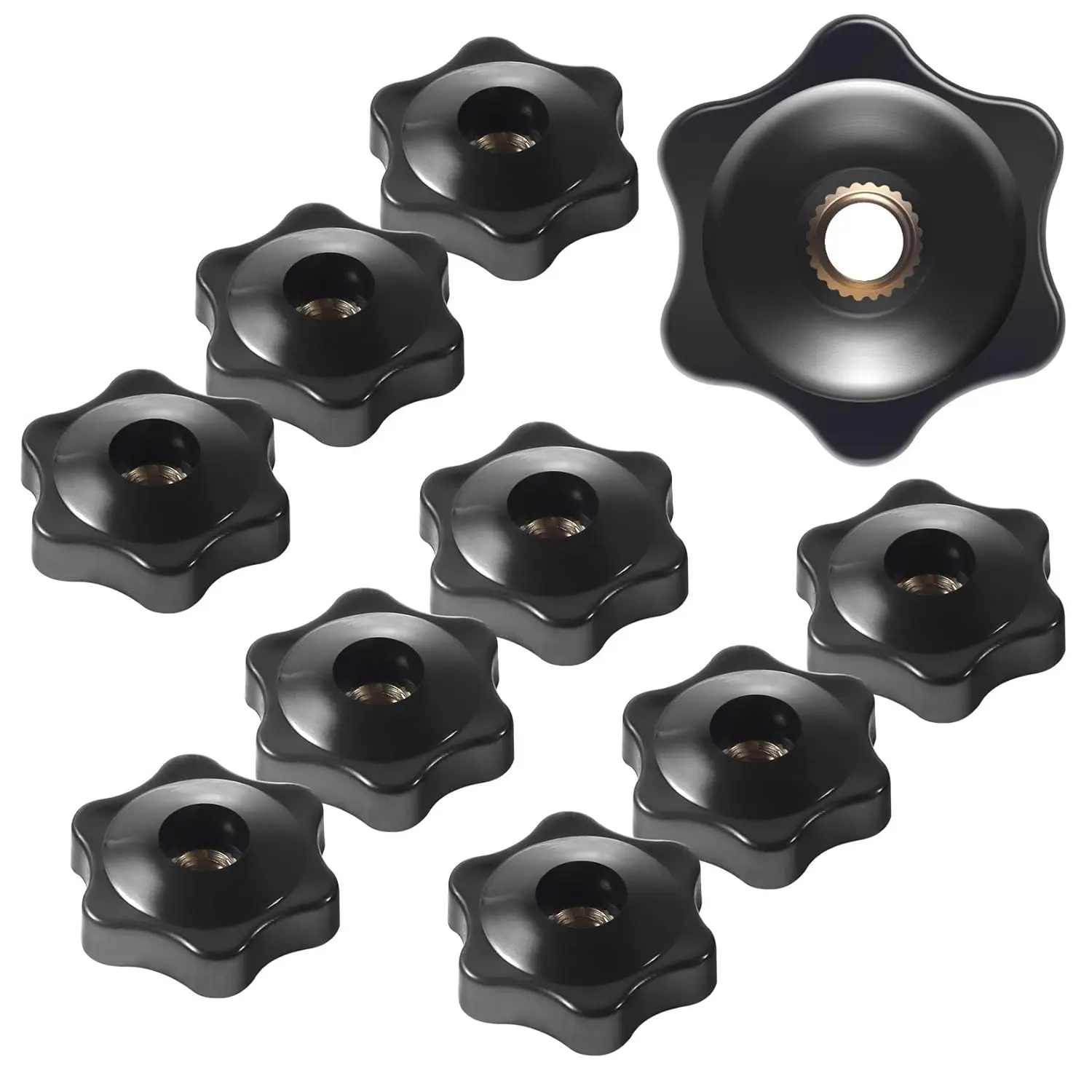 12 Pcs Star Knobs, 1/4-20 Female Threaded Hexagon Head Thru Clamping Knob, 6 Star 1/4 Inch 20 Jig T Knobs, Small, Black