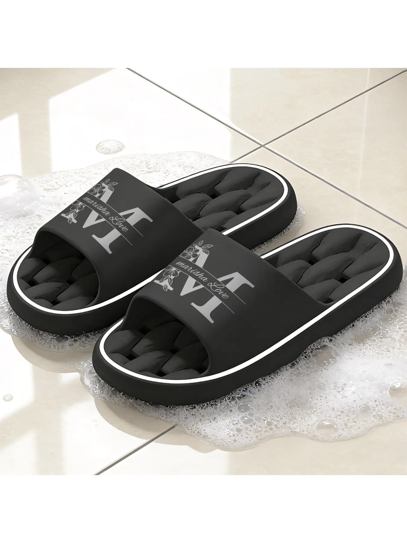 Custom Monogram "M" with Floral & "marisha Love" Print Quick-Dry Hollow Out Slide Slippers, Non-Slip Drainage Bathroom Shower Shoes, Soft Cushioned Home Sandals for Personalized & Elegant Style