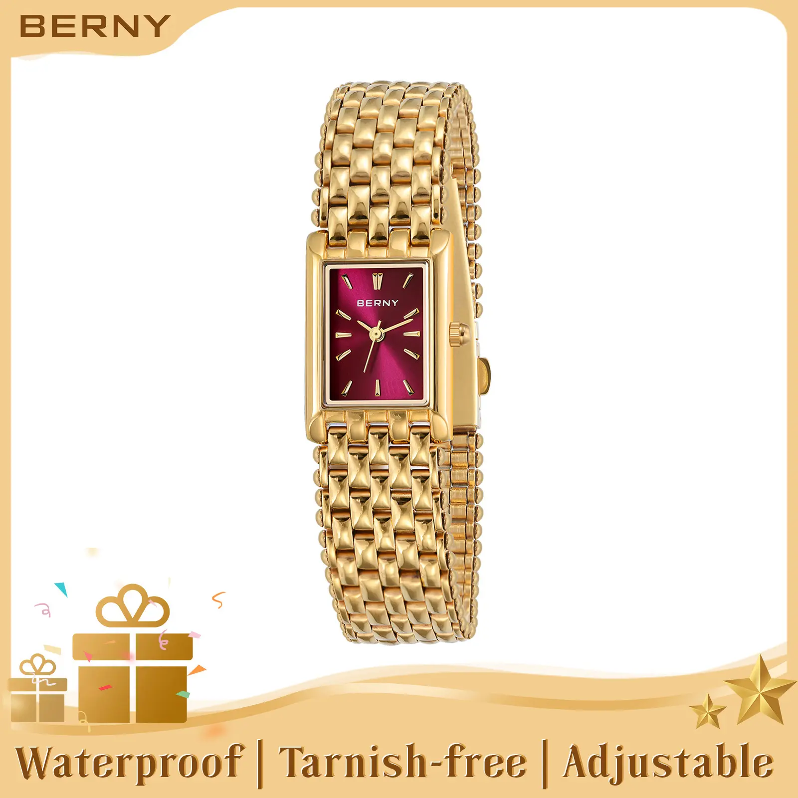 BERNY Gold Watches for Women Vintage Ladies Square Quartz Wristwatch All Stainless Steel Adjustable Bracelet Tools Included Womens Waterproof Goldwatch Dainty Old Money Luxury Casual Retro Gift for Mother Wife, Fashion Summer Accessories