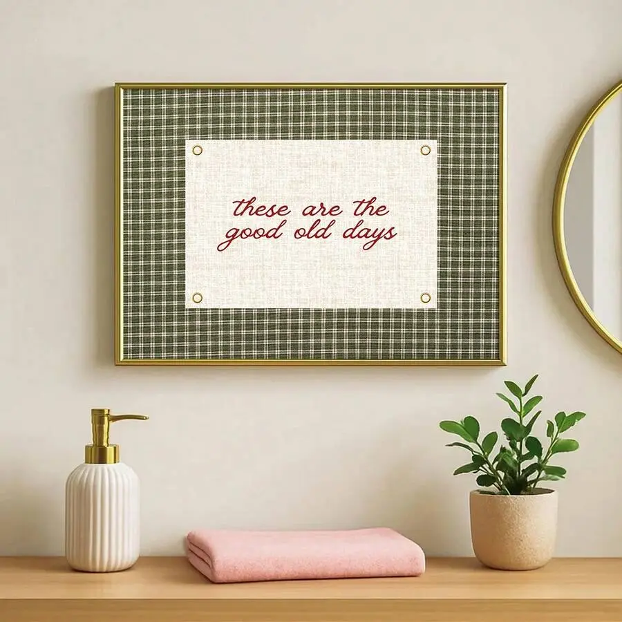 1pc Unframed These Are The Good Old Days Inspirational Poster Green Gingham Typography Vintage Wall Art Canvas Print Minimalist Aesthetic Dopamine Decor Positive Quote Retro Painting For Apartment,Living Room,Bedroom,Modern Home Decoration