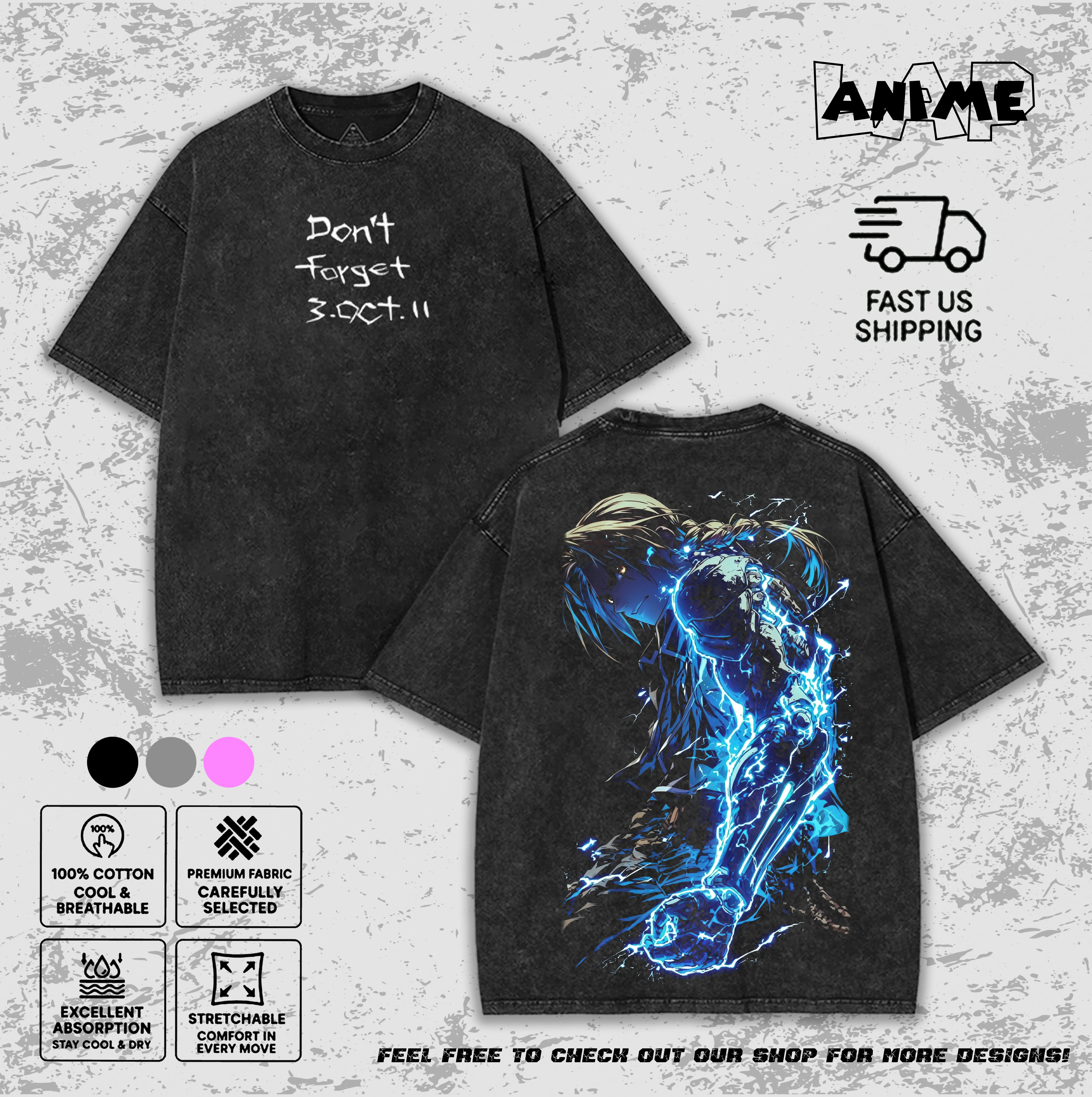Fullmetal Alchemist Edward Elric Washed Tee, Don't Forget 3.Oct.11 Vintage Anime Shirt, Blue Lightning Graphic T-Shirt, Unisex Distressed Streetwear.