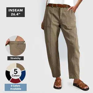 Flamingals Solid Stitch Detail Mid Waist Baby Barrel Fit Deep Pockets Pants High Stretch 26.4" Inseam Casual Women's Fashion Elevated Basic