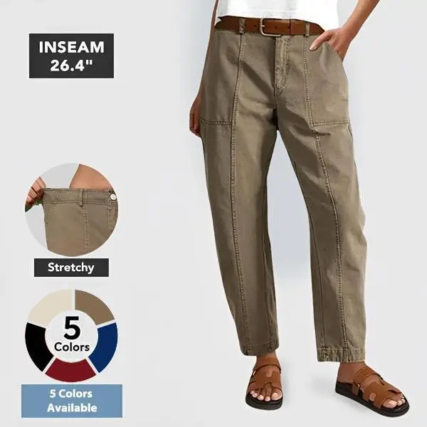 Flamingals Solid Stitch Detail Mid Waist Baby Barrel Fit Deep Pockets Pants High Stretch 26.4" Inseam Casual Women's Fashion Elevated Basic