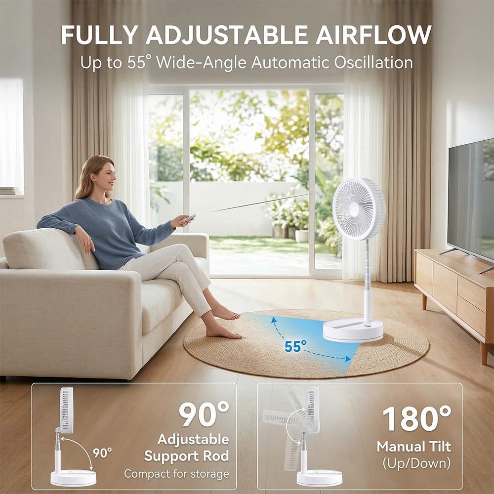 Foldable USB-Powered Desk Fan - 360° Rotation, 3 Speed Settings, 8000mAh Ultra-Long Battery Life, 105cm Max Height, Quiet Operation, Portable Oscillating Fan for Bedrooms, Offices
