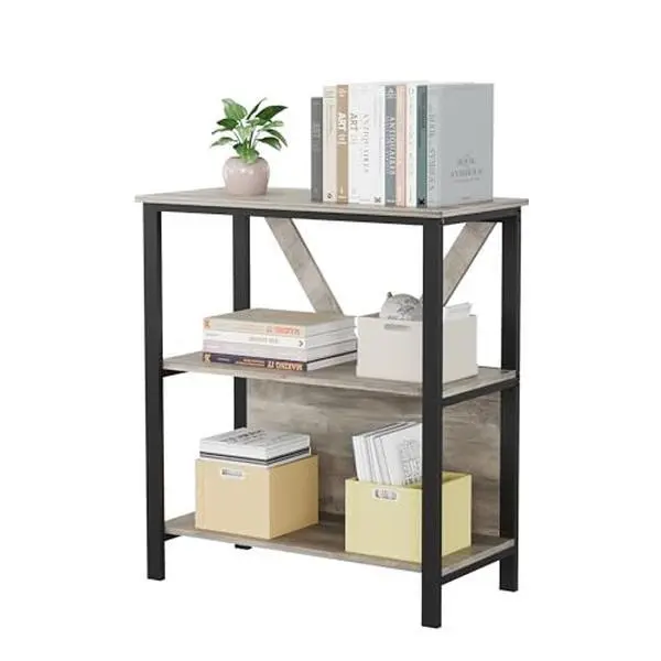 3 Tier Book Shelf with LED Lights, Gray Industrial Metal Display Book Case, Open Book Shelf Organizer, Tall Bookshelf, Heavy Duty Storage Bookcase for Bedroom Office Living Room