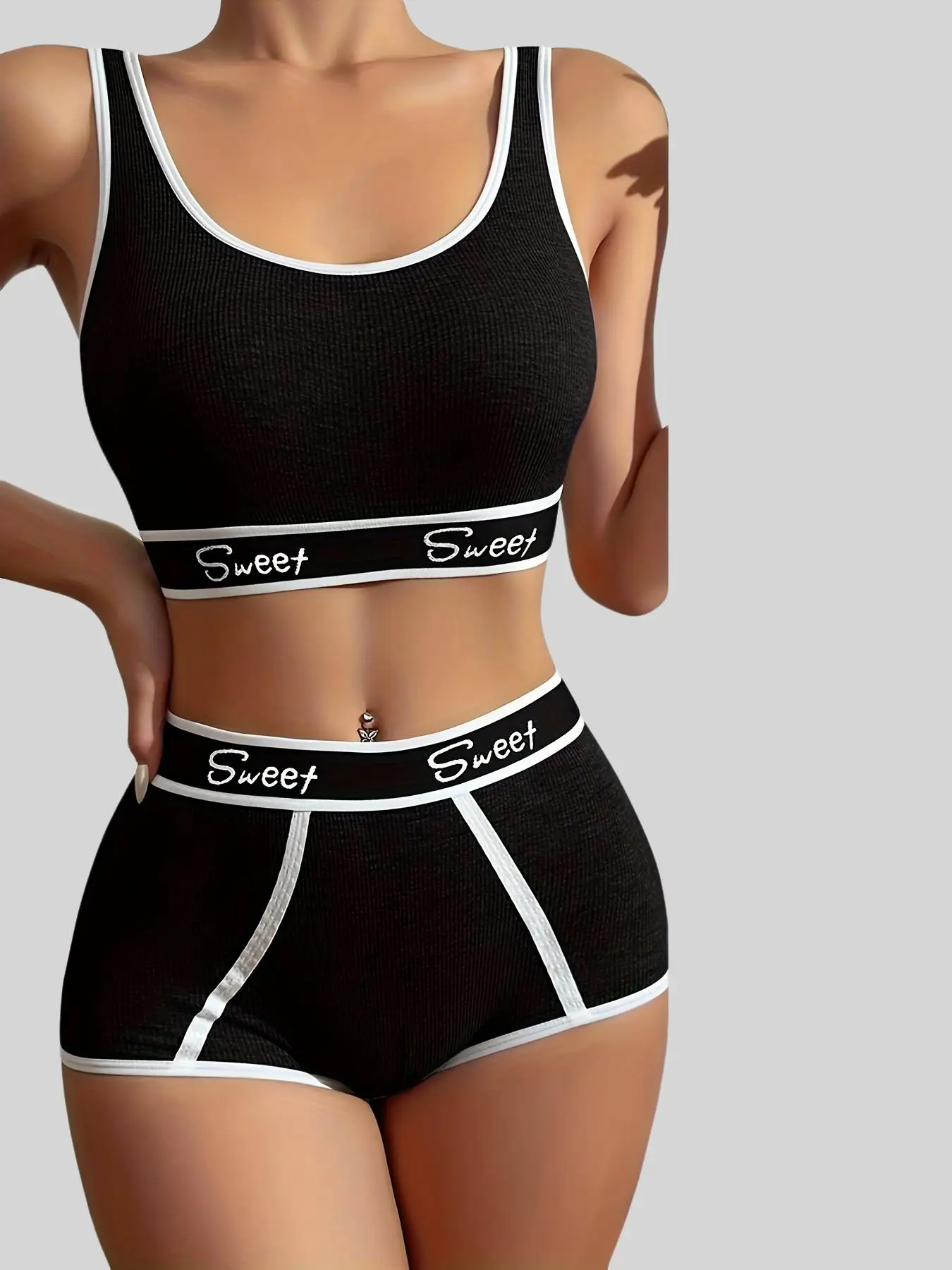 Women's Letter Tape Wireless Bra & Contrast Binding Panty Shorts Sets, Soft Comfy Casual Breathable Lingerie Set for Daily Wear, Fashion Ladies Athlet