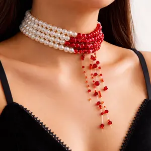 Two-Tone Pearl Beaded Choker Necklace Layered Fringe Statement Jewelry for Party Concert Evening Wear Accessories for Women Valentines&birthday Boujee Gifts for gf