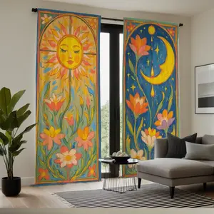 Sun Moon Pattern Home Textile Window Decorations, Digital Print Curtains with Rod Design, Privacy Protection, Suitable for Bedroom Living Room Kitchen, Easy Install Curtain