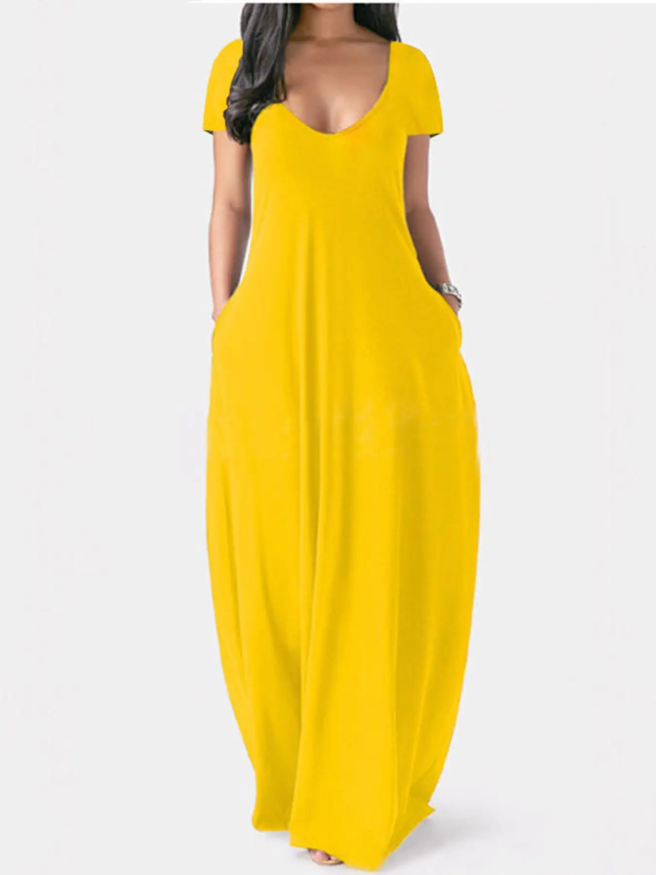 Women's Casual Simple Loose Fit Long Dress with Pockets, Short Sleeve Summer Dress, Comfortable and Stylish Clothing for Daily Wear, Casual Dresses