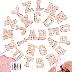 Self-Adhesive Iron on Letters Chenille Patches: 26PCS Pink Letter Patches Stickers Varsity Letter Patches for Clothing Jackets Backpacks Hats Repair Alphabet Embroidered Applique Preppy Patch