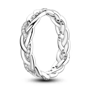 MULA 925 Silver-plated braided ring | Inlaid with sparkling zircon | Elegant and simple design | Engagement, anniversary, birthday gift | Women's fashion jewelry