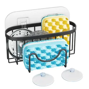 Multifunctional Sponge Holder with Unique M-shaped, Two Installation Methods Kitchen Sink Organizer, Rustproof Stainless Steel Sink Caddy for Sponge, Brush, Sink Stopper and Scraper Hook Rack