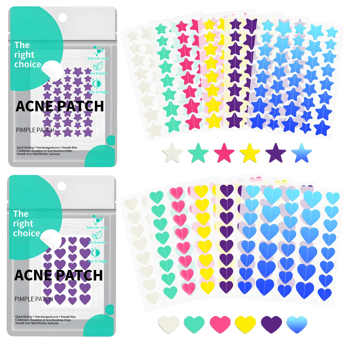 Pimple Patch for face, 2 sizes Star Patch (240pcs) and Love Patch (216pcs)，Hydrocolloid Acne Patches，Witch Hazel Extract & Tea Tree Oil ， Skincare Sk