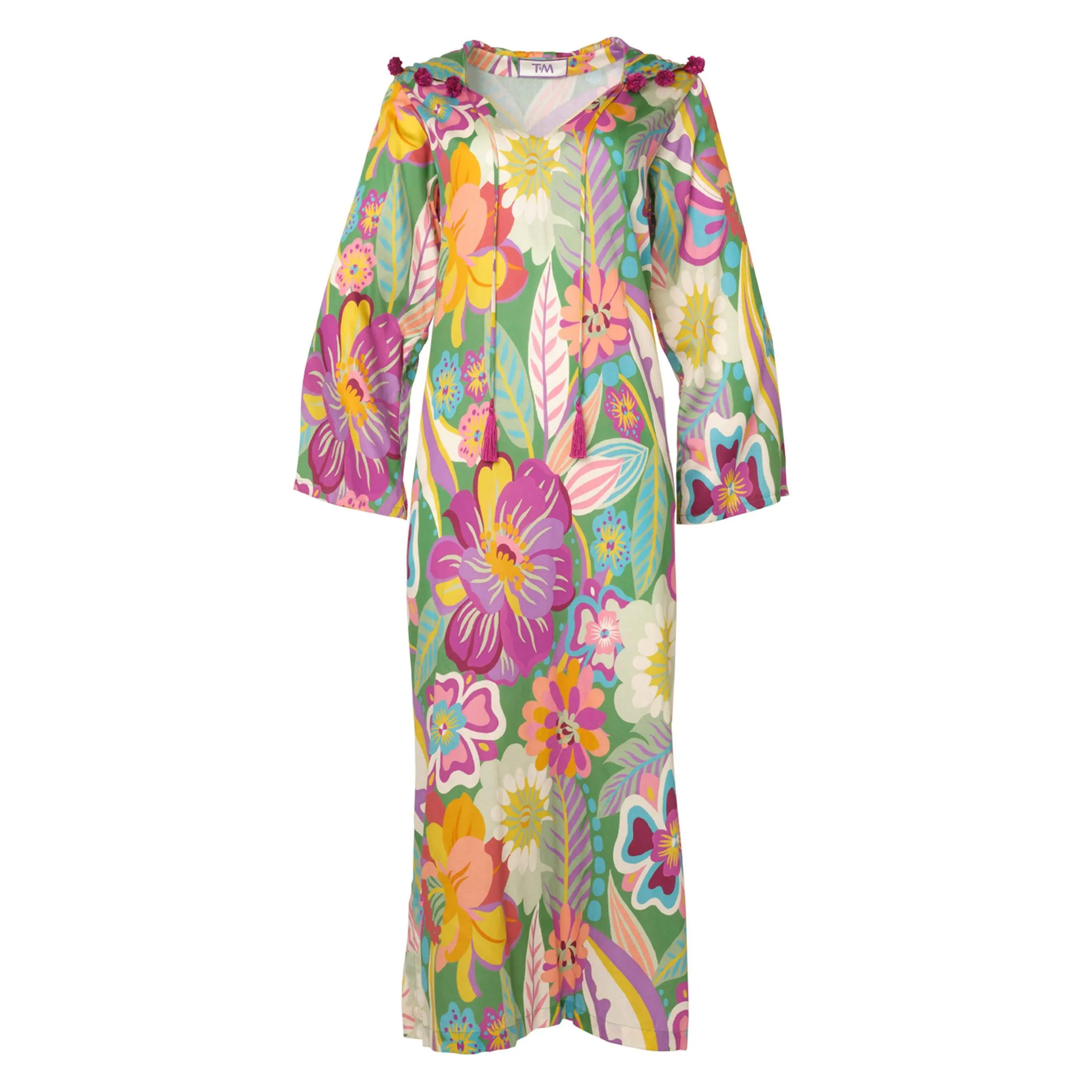 The Marie-Claude Long Sleeve Boho Floral Kaftan Dress in 100% Cotton with Vintage Silk Pom Poms & Hidden Pockets for Women's Elegant All-Seasons Casual Wear