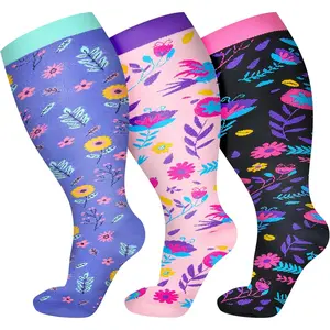3 Pairs Plus Size Compression Socks for Women Wide Calf Extra Large Knee High Support for Travel,Yoga, Running