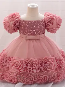 6M-3Y Pink Anniversary Sequins Baby Girls Clothes Off Shoulder 3D Flower Infant Birthday Cocktail Dress Toddler Pageant Newborn Ball Gown Princess Baptism Frock Dress Poof