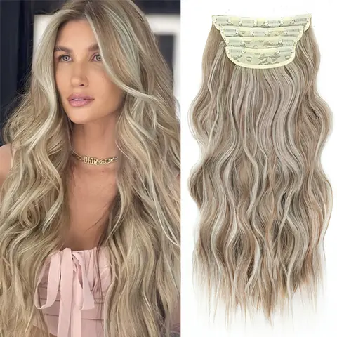 Xinran 20 inch Long Wavy Clip in Hair Extension, Thick Synthetic Hairpieces Blonde Double Weft Synthetic Natural Hair Extension for Women