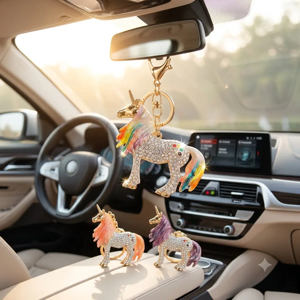 Bling Rhinestone Unicorn Car Mirror Hanging Ornament, Luxury Crystal Magical Pegasus Vehicle Charm, Aesthetic Fairycore Girly Auto Interior Decoration, Fully Encrusted Cute Animal Keyring Pendant Hanger Gift