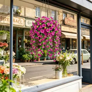 Spring and summer outdoor artificial anti-ultraviolet hanging red lotus color petunia imitation flower basket. Suitable for indoor and outdoor use, Father's Day, Mother's Day, Thanksgiving Day, Independence Day, Saint Patrick's Day decoration. Suitable fo
