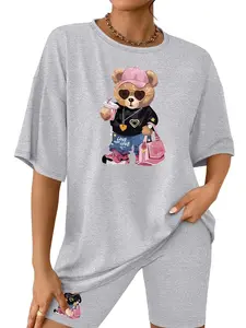 Cartoon Bear  Printed Graphic Women's Fitted Round Neck Casual Outdoor Home Sport Short Sleeve Top + Shorts 2 Pieces Women Tracksuit Sweatsuit Set, Clothes, Pants, Womenswear, Outfit, Fashion Simple Style, Basic Wear for Daily Use