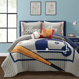 Lush Decor Baseball Game Reversible Oversized 4/5Pc Quilt Set Bold Graphic Striped Design Machine Washable with 2 Dec Pillows for Sports Fans