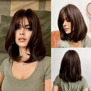 【New arrival】Bob 12" Brown Wig with Bangs  Wig for Women Glueless Synthetic  Wig  for Daily Party Use