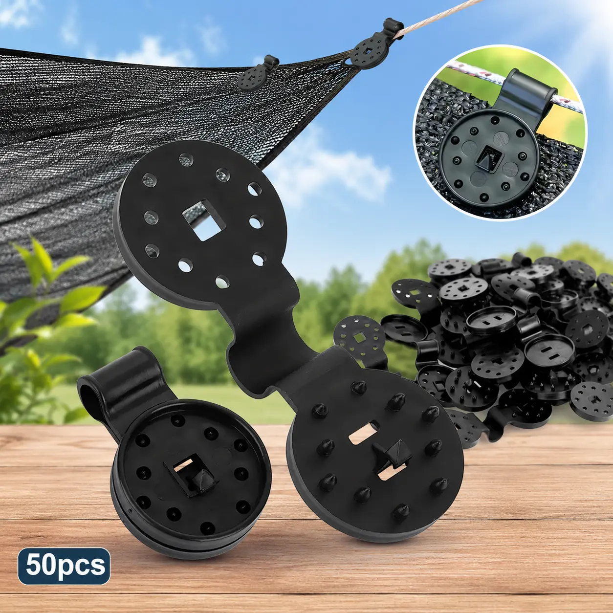 50Pcs Shade Cloth Clips, Plastic Shade & Bird Net Fastening Clamps | Black round heavy duty lock grip clips for shade cloth, bird netting, windproof awning & garden outdoor installation Clothespin