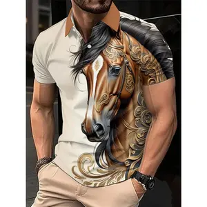 Men’s 3D Printed Horse Design Casual Short-Sleeve Polo T-Shirt – Vintage-inspired, comfortable and breathable, perfect for business and home, all-season wear, breathable fabric, casual wear tee | Vintage horse print | Comfortable fit, horse t-shirt