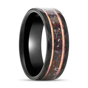 INFERNO | Black Tungsten Ring, Hammered, Dinosaur & Meteorite Inlay