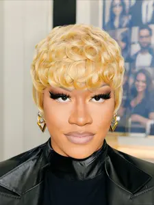 Layered Pixie Cut Wigs Human Hair Short Curly Wigs With Bangs Breathable Full Machine Made Wig For Women Natural Black 27 Blond Glueless Afro Kinky Curly Wig Human Hair Short Fluffy Curly Wigs Human Hair Pixie Cut Afro Wig For Black Women Machine Made 8 I