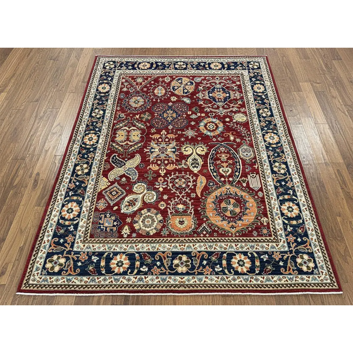 8X10 Afghan Agra Red/Navy Handmade Wool Rug # 14624