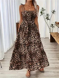 Women’s elegant spaghetti-strap dress with random leopard print, vacation maxi length, summer dress