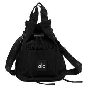 Alo Yoga Adjustable Strap Drawstring Nylon Backpack for Men and Women in Black