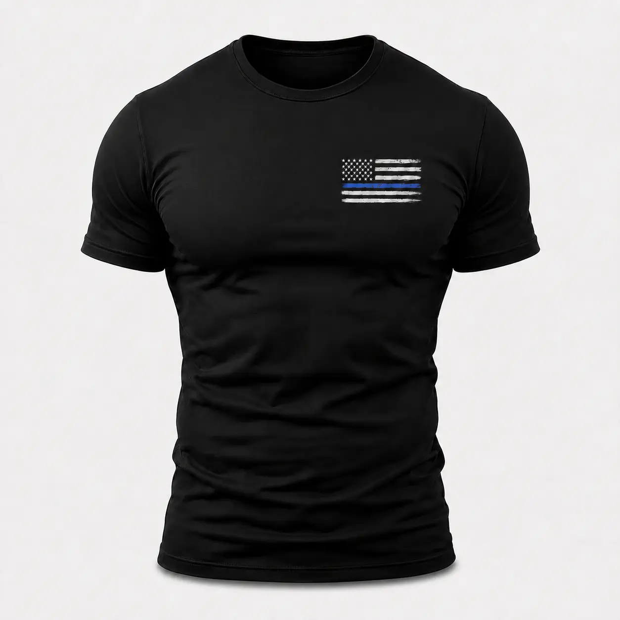 Police Thin Blue Line Flag Men's T-Shirt, Distressed Front Chest Graphic