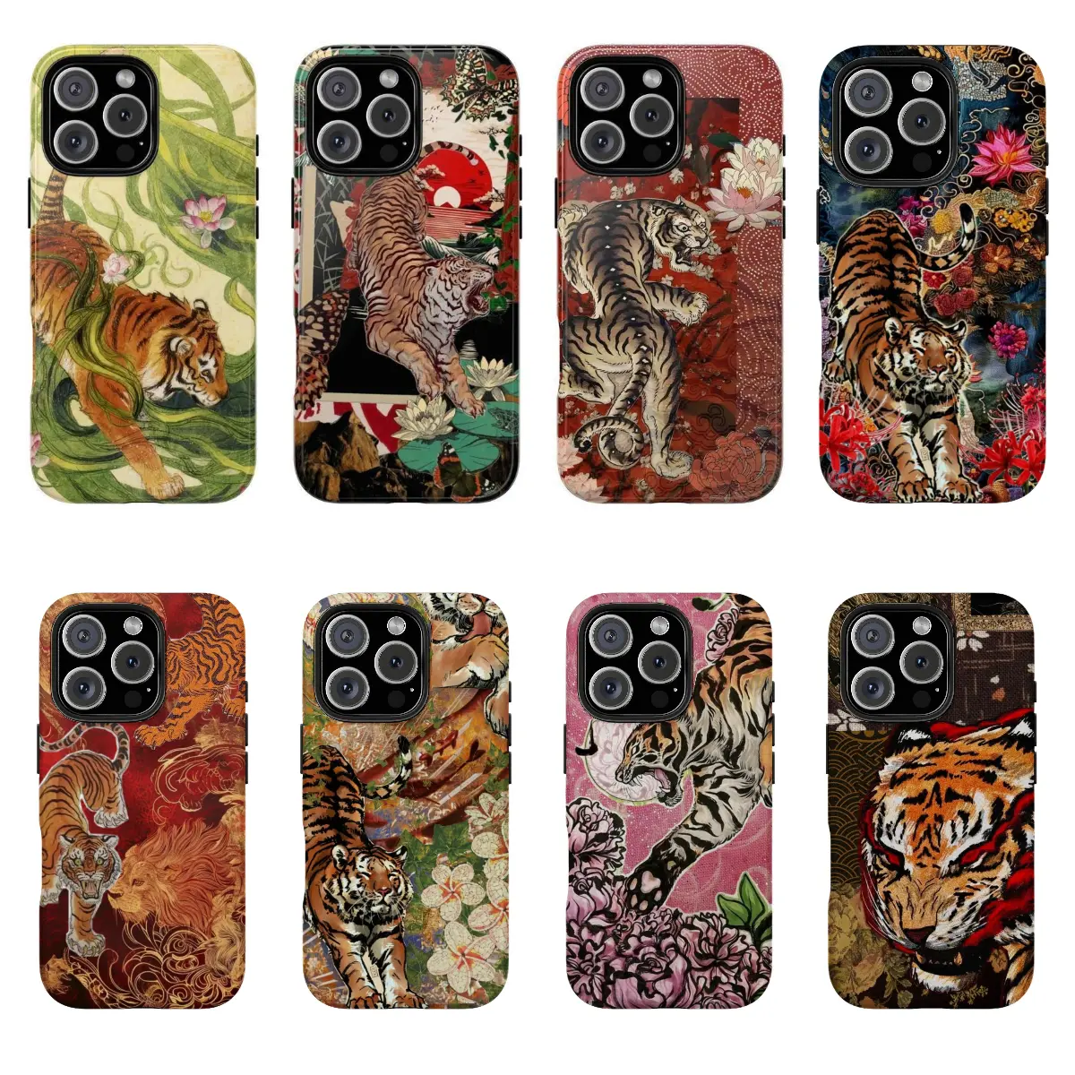Vintage Chinese Tigers Phone Case, Cute Tiger Collage, Japanese Traditional Art Print Big Cat Case for Samsung and iPhone 17 16 15 14 13 12 11 Pro Max