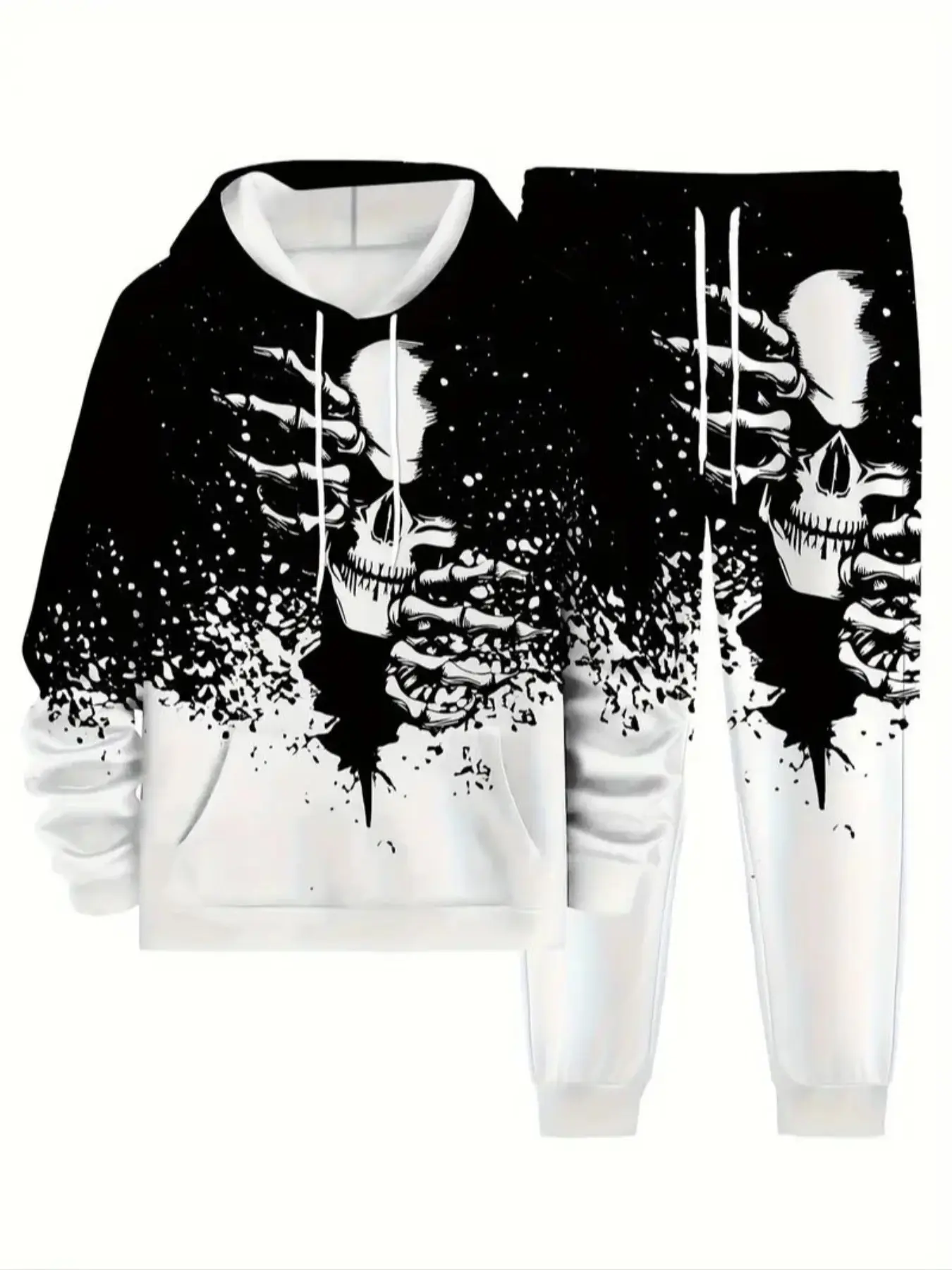 Men's Casual Skull Head Hoodie Set, Long Sleeve Sporty Knitwear, Fall & Winter Collection, Halloween Print, Regular Fit