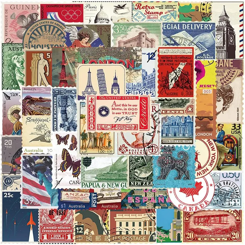 Vintage Travel Stamp Stickers, 50PCS Retro Postage Stamps Vinyl Waterproof Stickers for Water Bottle Laptop Luggage Suitcase Scrapbook, World Famous Country Regions Landmark Decals (Stamp)