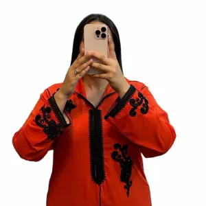 Moroccan  Jalabia Orange Dress with Green Embroidery Details - Elegant Traditional Women's Wear