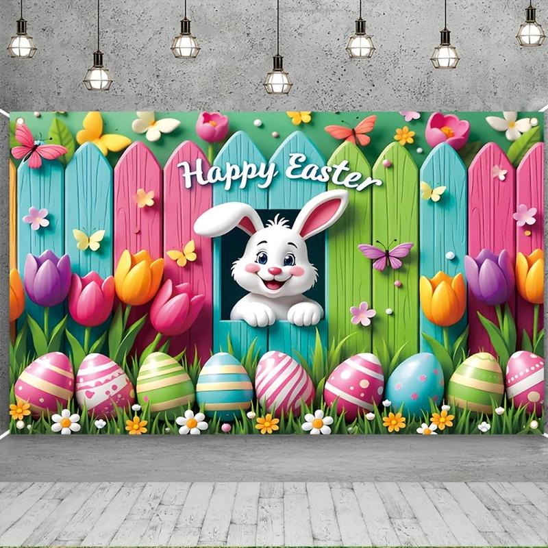 1PC,2D Flat Easter - themed Decorative Backdrop Cloth, Cartoon Rabbit, Colorful Eggs, Flowers, Butterflies Pattern Party Hanging Cloth, Festival Scene Decoration, Photo Background Banner Prop