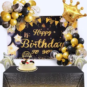 Gold Black Birthday Decorations - with Happy Birthday Banner, Gold Black Balloons Arch Garland for Mens Women Girls Sweet 16th 21st 30th 40th 50th Birthday Party Decor Supplies Crowns Celebration Star Set Gift Festive