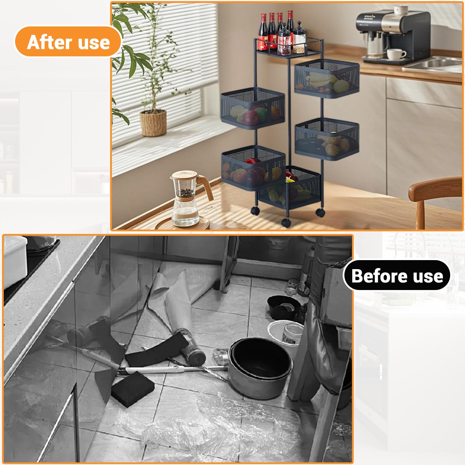 5/6 Tier Rotating Metal Mesh Storage Cart, Rolling Kitchen Organizer with Lockable Wheels, Space-Saving Multi-Tier Shelf for Pantry Bathroom Living Room 5/6 Tier Rotating Metal Mesh Storage Cart, Rolling Kitchen Organizer with Lockable Wheels, Space-Saving Multi-Tier Shelf for Pantry Bathroom Living Room
