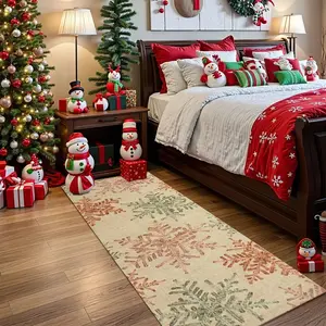 Christmas Velvet Rug with Festive Elements, Washable Long Runner Carpet for Living Room Bedroom Office Hallway, Soft Vintage Design, Decorative Rugs