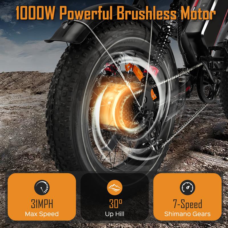 Smart Peak 1500W Ebike 48V 17.5Ah Removable Battery 31MPH 20" Fat Tire Dual Shock Absorber Adults Electric Bike for Mountains Snow Sand Road Folding High-Powered E-Bike electric  bicycles
