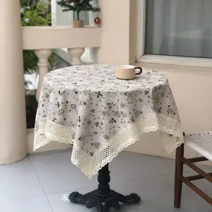 Romantic Square Printed Tablecloth with Lace Trim, Elegant Home Decor, Perfect for Dining Tables, Stylish and Durable