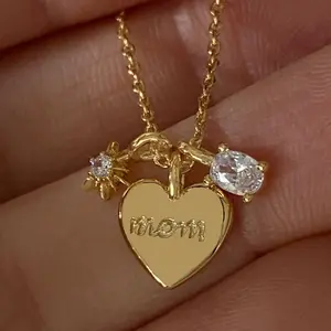 Mother’s Day Necklace Instagram Style Letter "Mom" Zirconia Mama Heart Pendant Colorfast Gift for Moms
