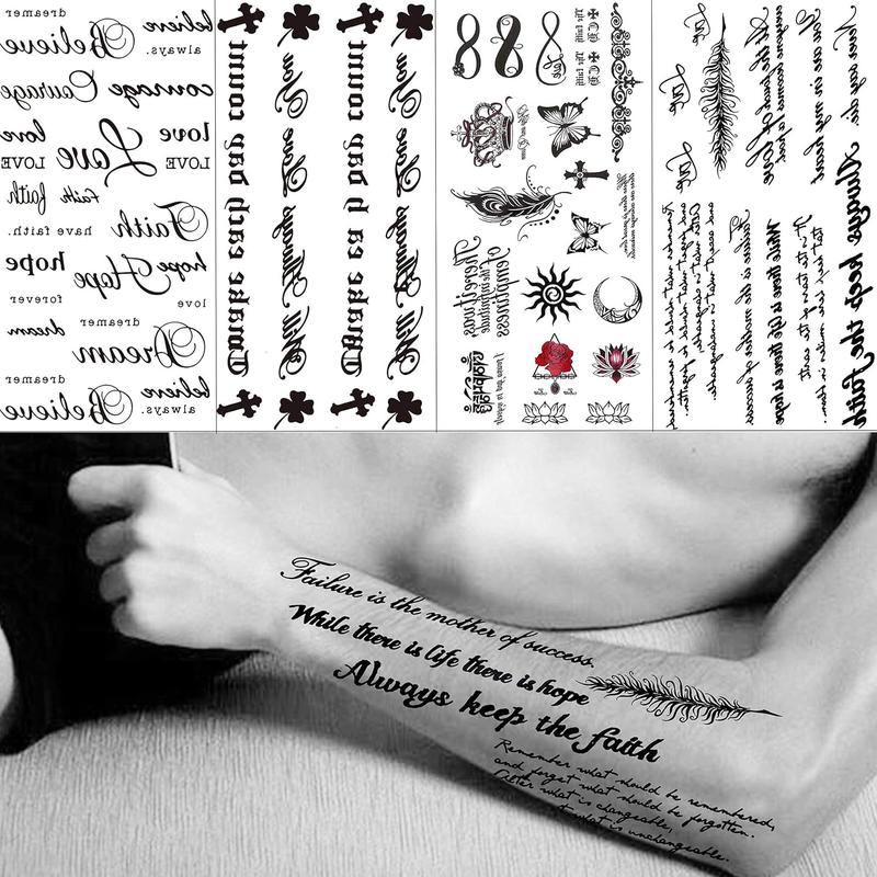 18 Sheets Black Inspired Quotes Temporary Tattoos For Women Kids Children Long Lasting Letter Alphabet Words Fake Tattoo Stickers Birds Cross ECG