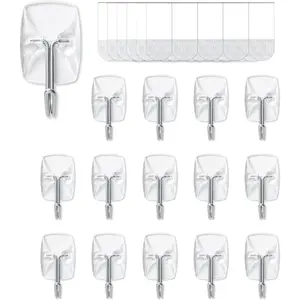 15 Small Hooks + 30 Removable Strips, Clear Wire Hanger Utility Hooks, Damage-Free Heavy Duty Adhesive Wall Hooks, No Tools Needed for Hanging, Value Pack