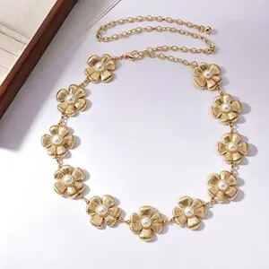 Omen’s Metal Flower Pearl Chain Belt | Ideal for Dresses, Skirts, Blazers, Shirts & Jeans | Ladies’ Fashion Accessory