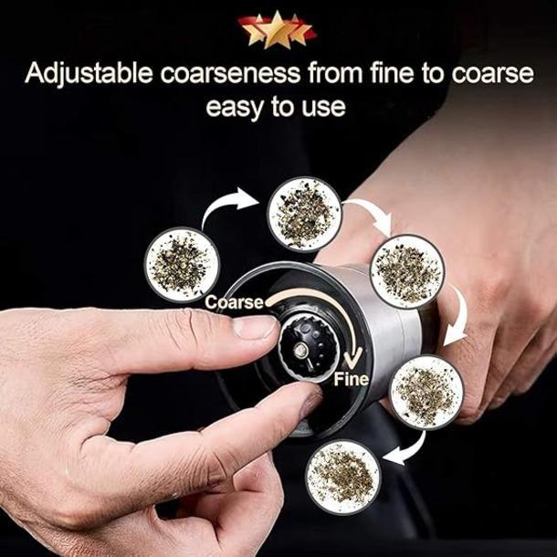 Salt and Pepper Grinder Set with Wooden Standing Tray, Refillable Pepper Mill Set - Brushed Stainless Steel - Short Glass Shakers with Adjustable Coarseness for Peppercorn, Salt or Spice Mills