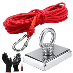 900 LBS Heavy Duty Neodymium N52 Magnet Fishing Kit, D75mm Rectangle/Square Three-Layer A3 Steel Plate Fishing Magnet Double Sided Magnet Set, with 66FT Strong Rope and Gloves, For Outdoor Treasure Hunting & Metal Detecting